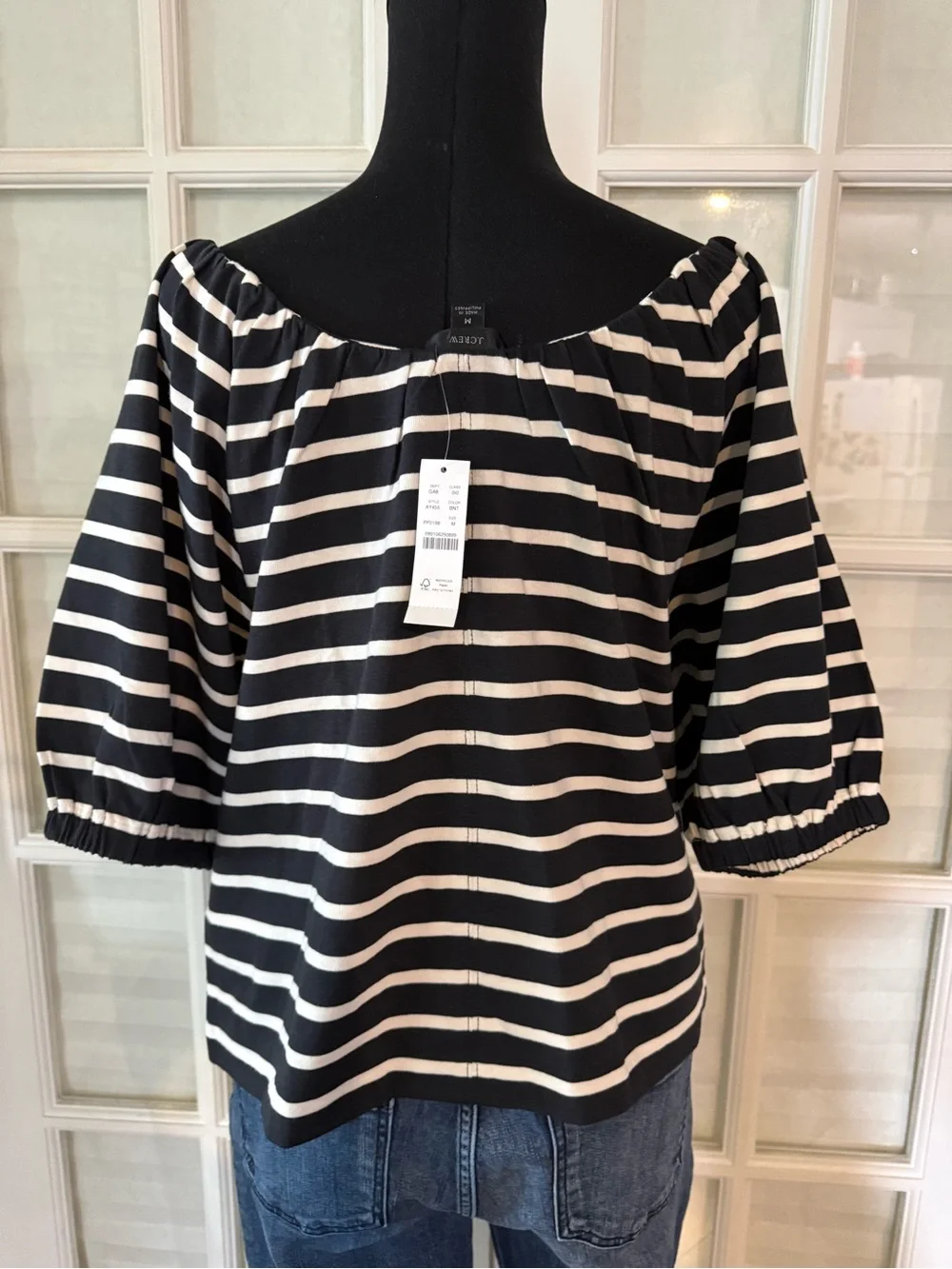 J. Crew Black and White Striped Off-Shoulder Blouse